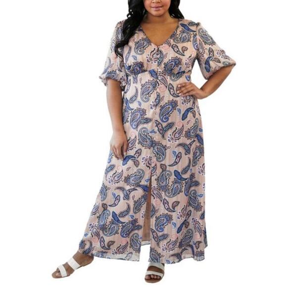 Marée Pour Toi Paisley Print Button Down Slit Front Maxi Dress Sparkle Accent 20 - Picture 15 of 15